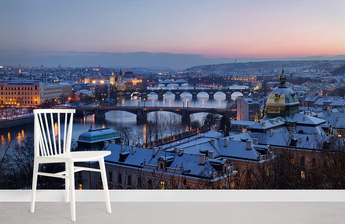 Scenic Prague cityscape mural with white chair and grey flooring, dimension of wallpaper included.