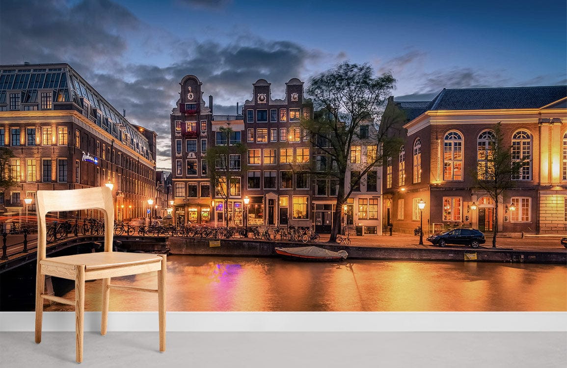 Enchanting Amsterdam mural wallpaper with evening glow, light wood chair, white wall, minimalist style.
