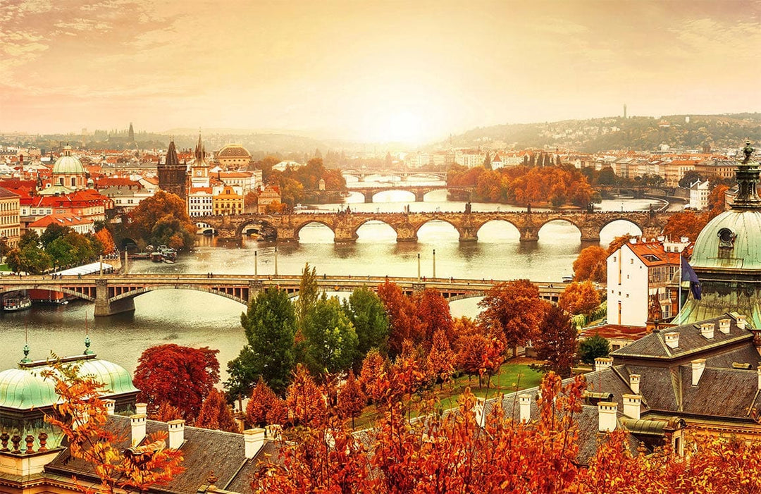Autumn Sunset Over Prague Bridges Mural Wallpaper - Warm, Scenic Elegance