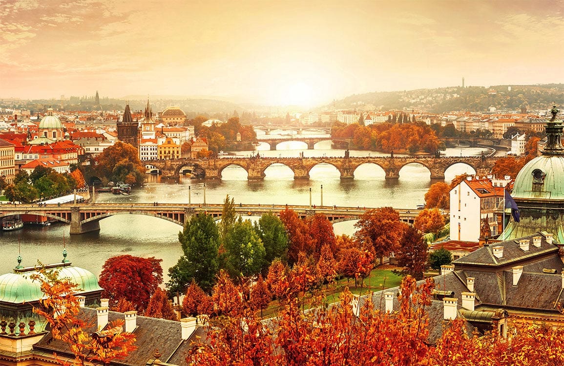 Autumn Sunset Over Prague Bridges Mural Wallpaper - Warm, Scenic Elegance