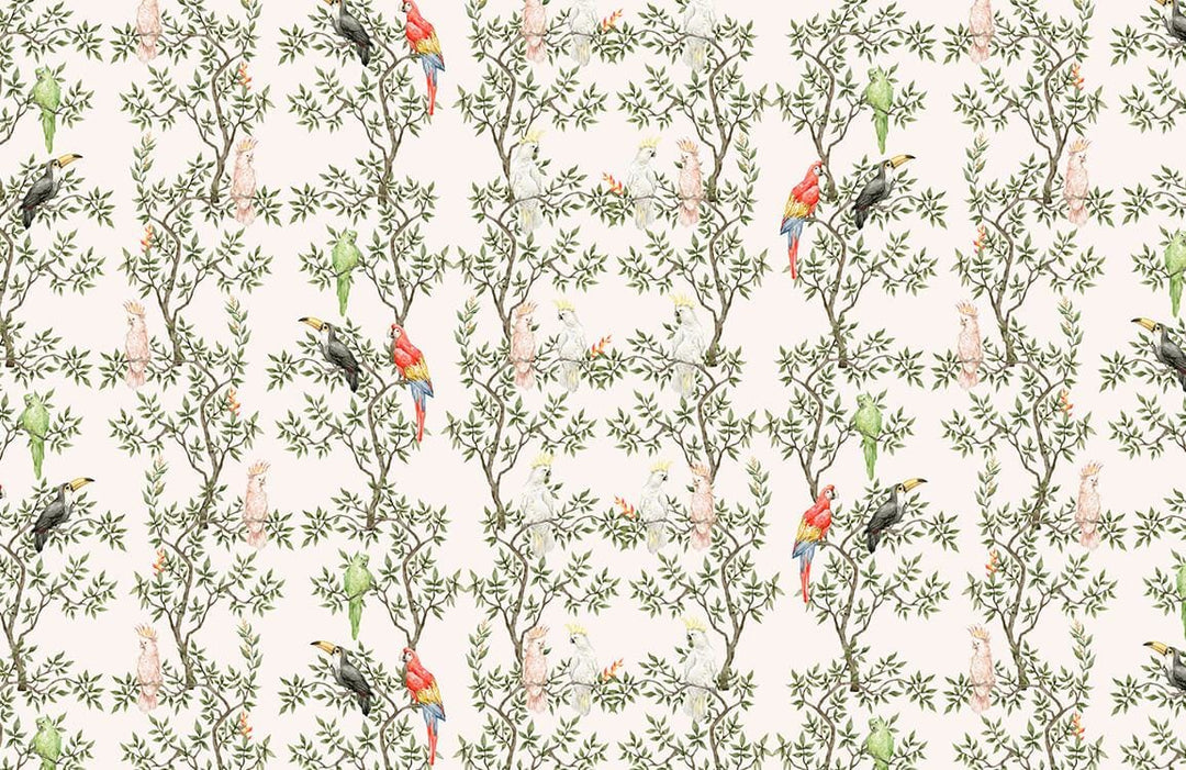 Vintage Botanical Birds Repeat Pattern Wallpaper in Soft Earthy Tones