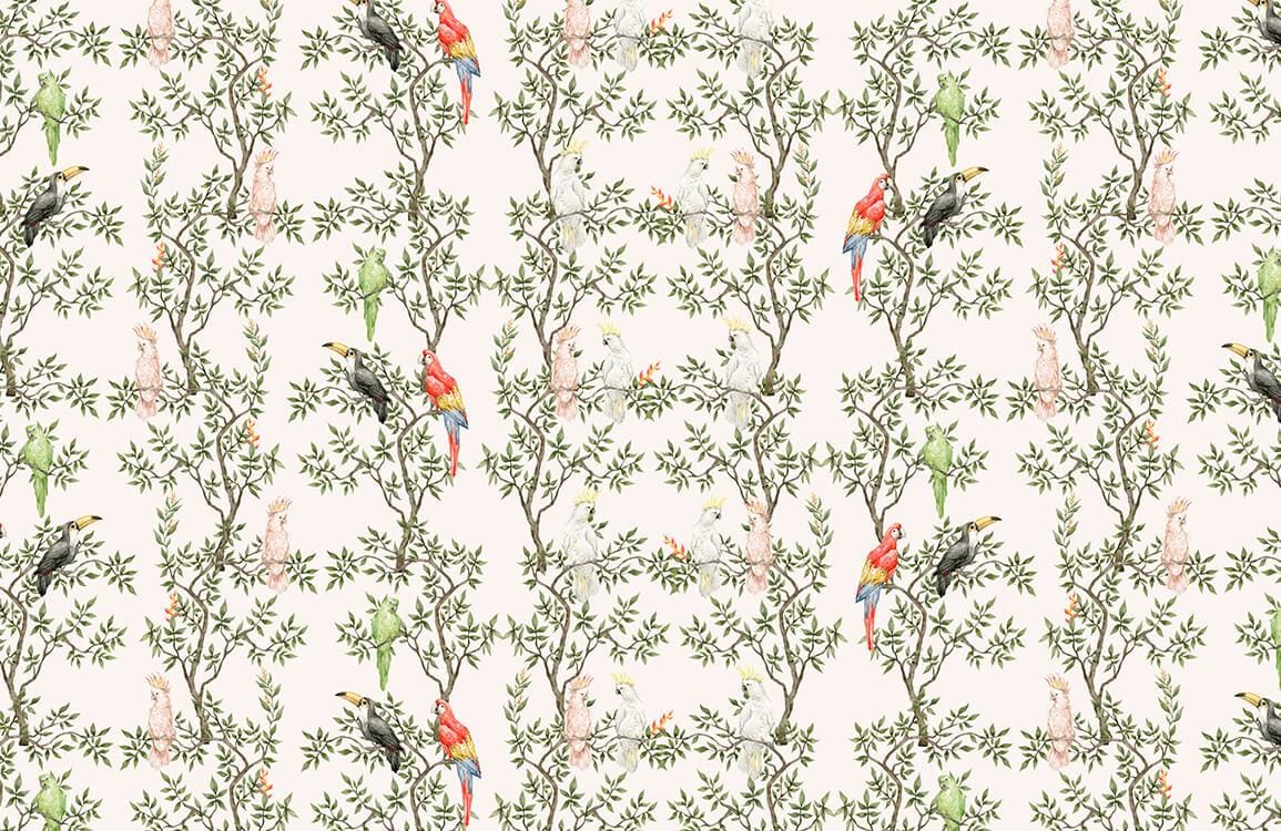 Vintage Botanical Birds Repeat Pattern Wallpaper in Soft Earthy Tones