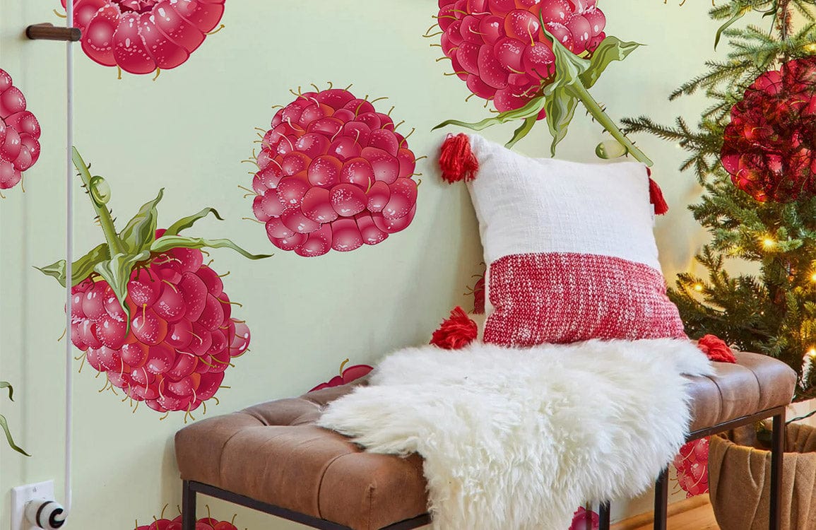 Vintage Raspberry Delight wallpaper with green background in kitchen; brown bench, white faux fur throw.