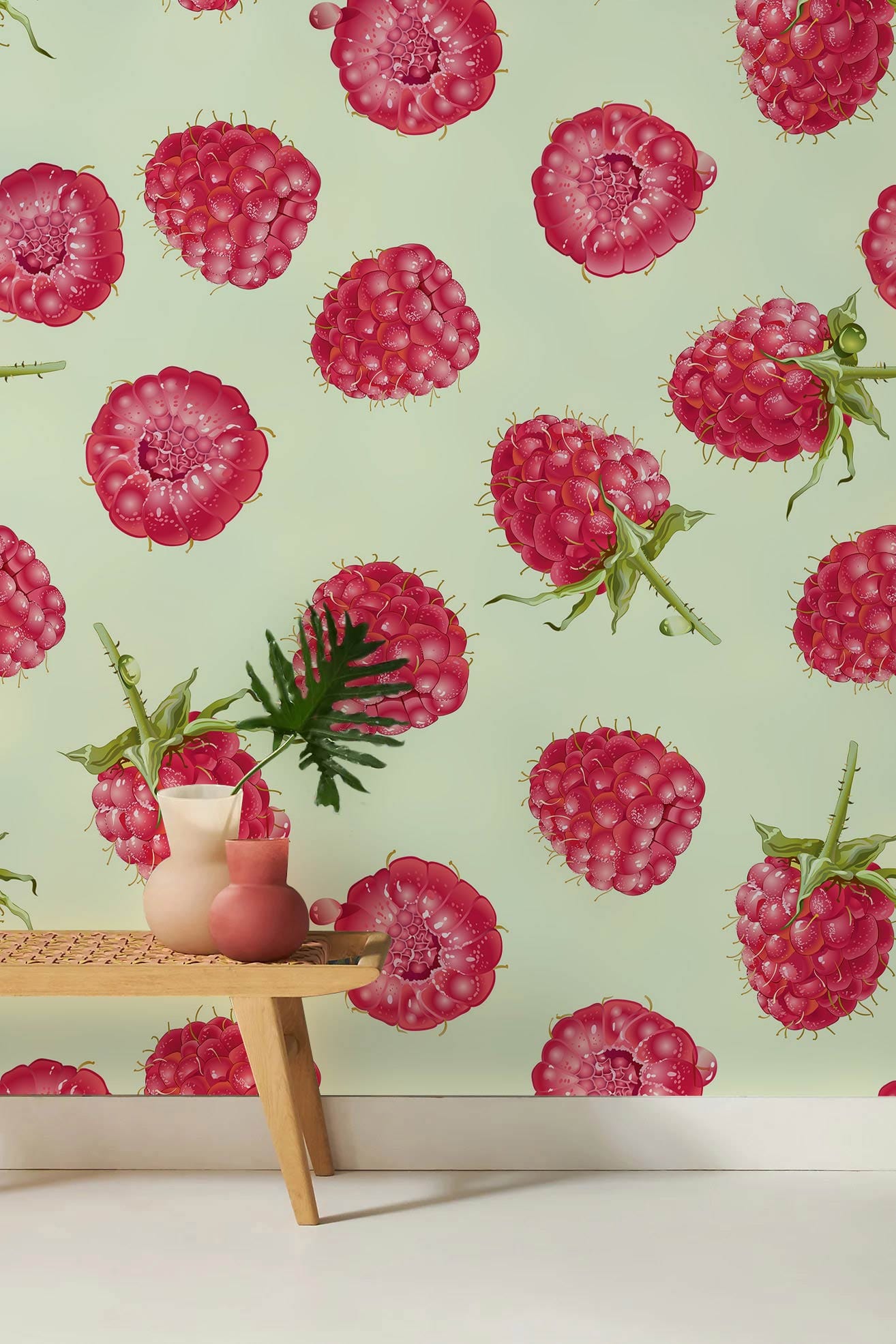 Vintage Raspberry Delight Green Background Repeated Pattern Wallpaper ...