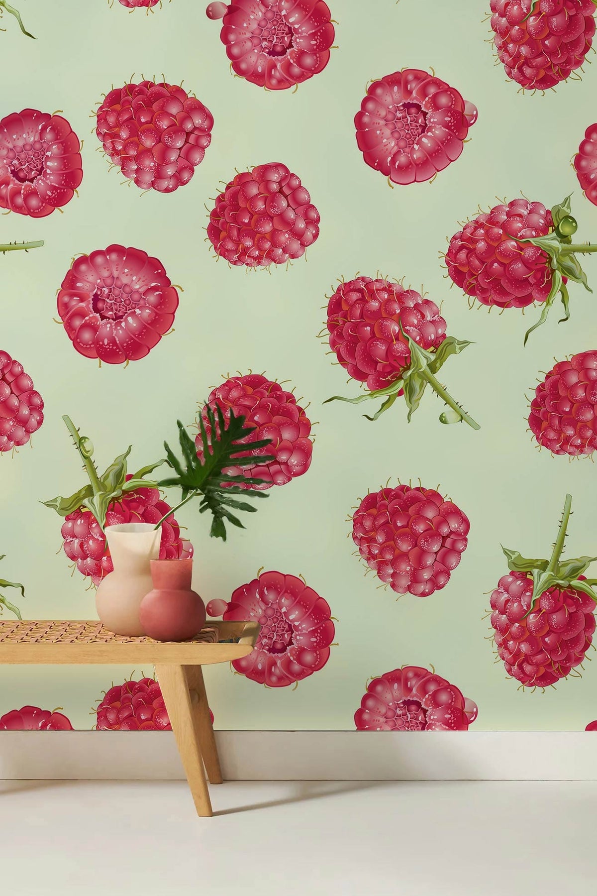 Vintage Raspberry Delight wallpaper in kitchen with green pattern, wooden bench, neutral flooring.