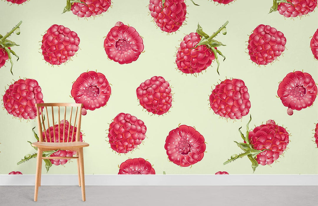 Vintage Raspberry Delight green wallpaper with raspberries and wooden chair in a modern kitchen setting.
