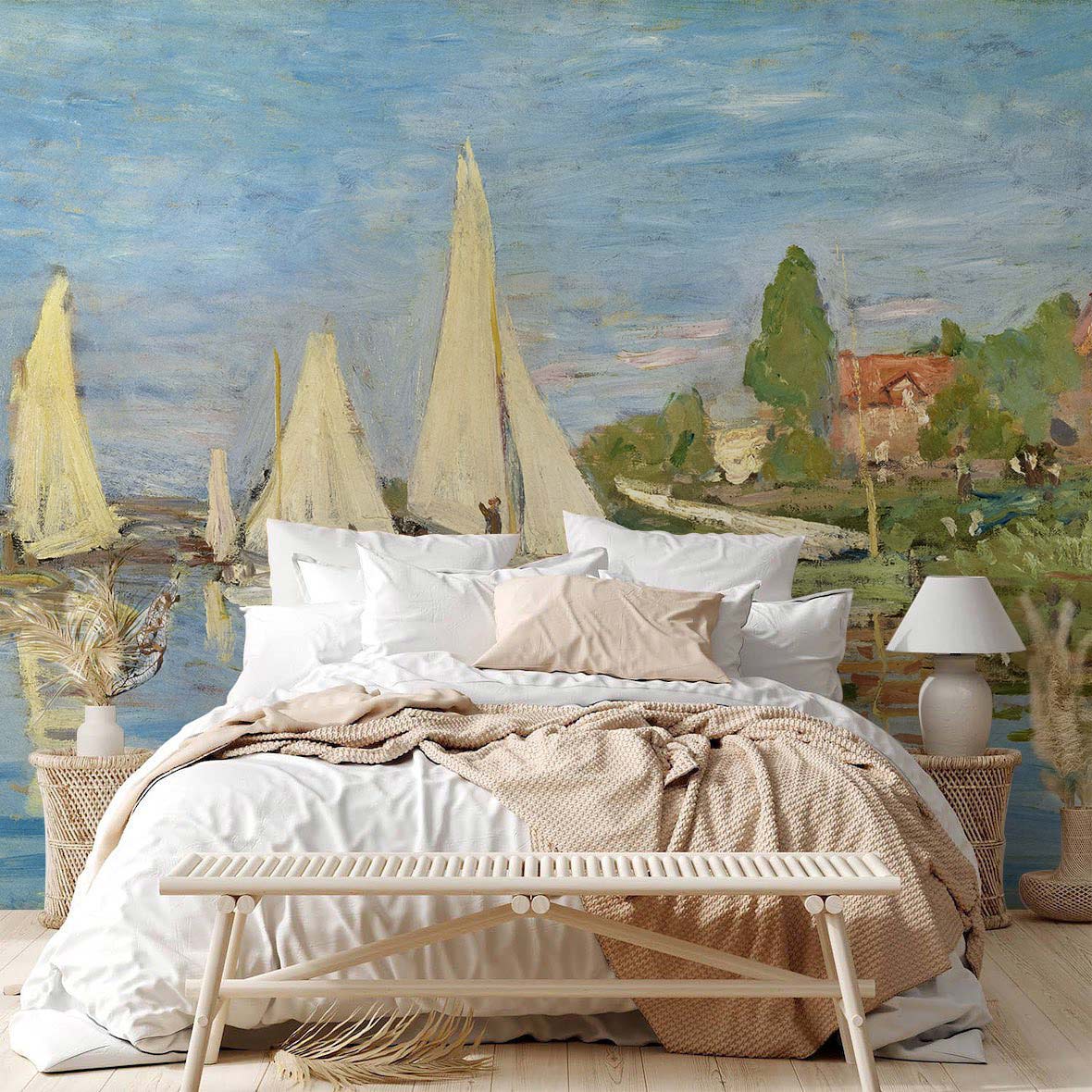 Tranquil Lakeside Impressionist Mural Wallpaper with boats, neutral bedroom decor, cosy bedding, and wooden flooring.