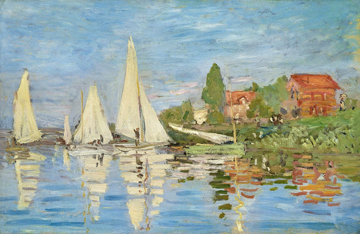 Tranquil Lakeside Impressionist Mural Wallpaper with Boats and Reflections Design