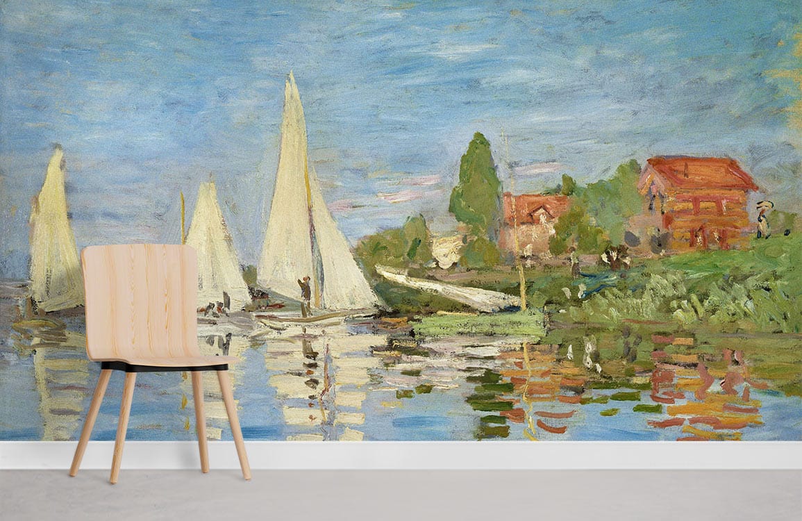 Tranquil Lakeside Mural Wallpaper with sailboats, reflections, minimalist wood chair, and grey flooring.