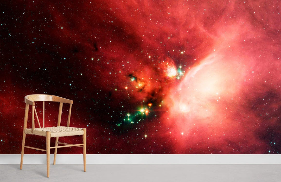 Ethereal Cosmic Nebula Wallpaper in a room with a wooden chair and grey flooring. Stunning effect.