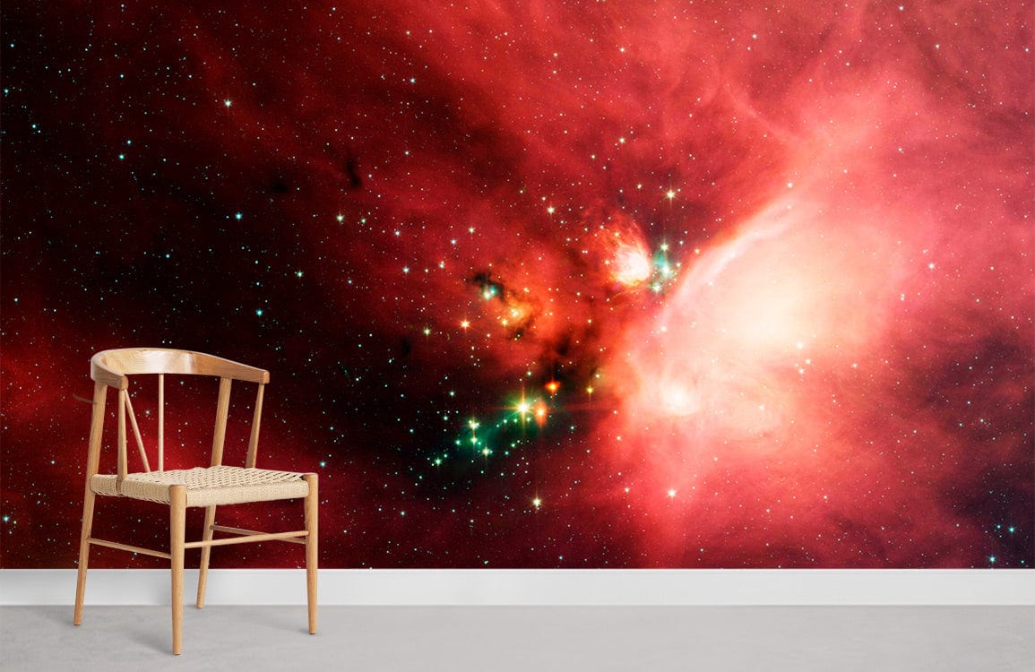 Ethereal Cosmic Nebula Wallpaper in a room with a wooden chair and grey flooring. Stunning effect.