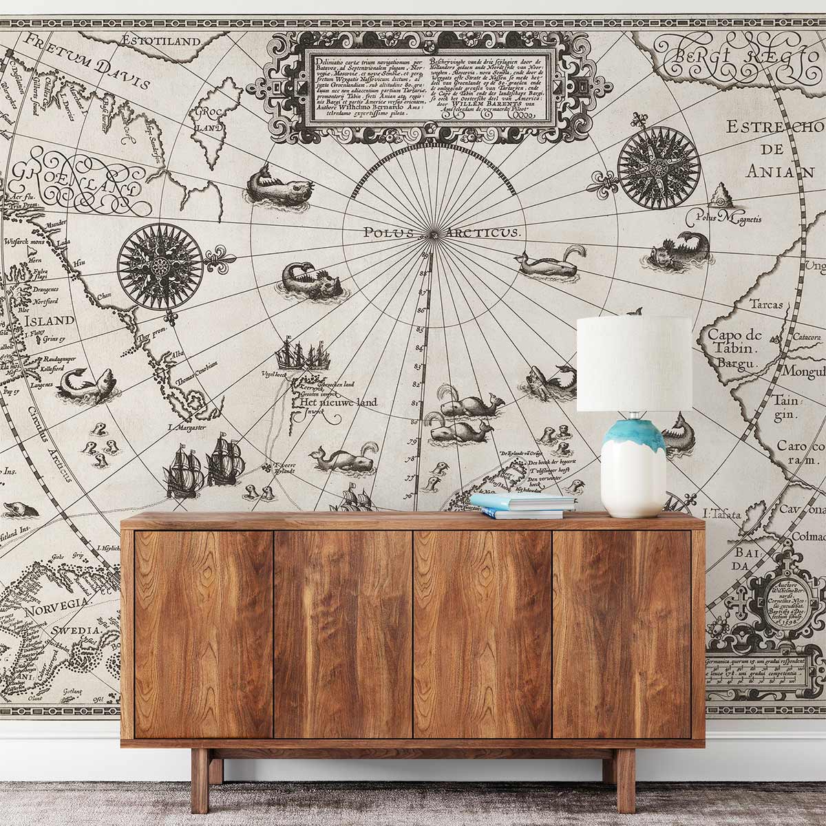Antique black and white nautical map mural wallpaper, wooden sideboard, elegant grey carpet in living room.