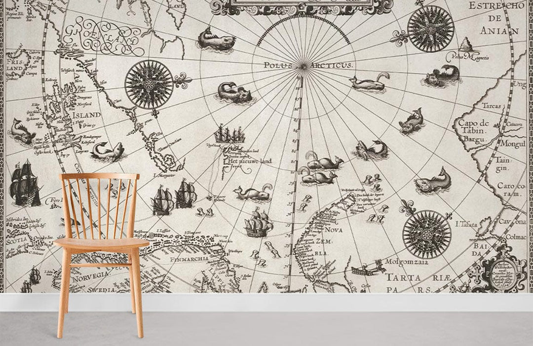Vintage Nautical Map Mural Wallpaper, antique style with wooden chair, neutral grey flooring, wall decor.
