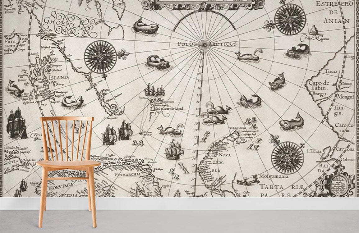 Vintage Nautical Map Mural Wallpaper, antique style with wooden chair, neutral grey flooring, wall decor.