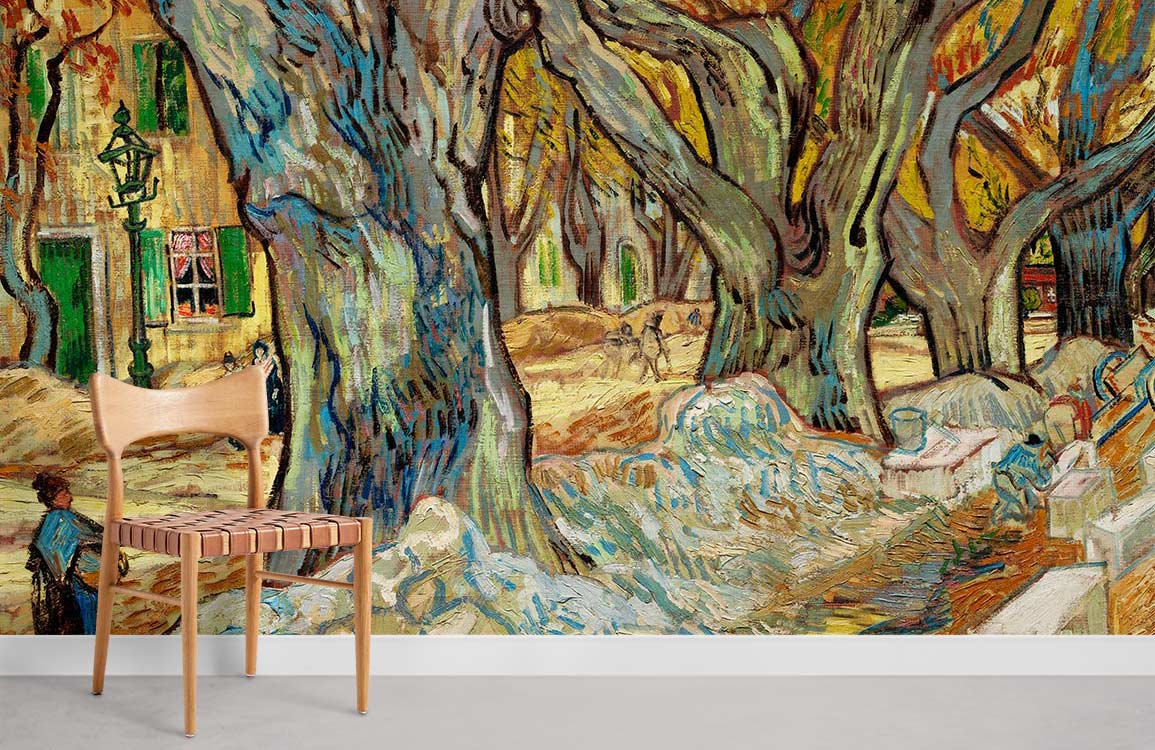 Autumn Avenue: Vibrant Impressionist Mural Wallpaper with Wooden Chair on Concrete Floor in Modern Room.