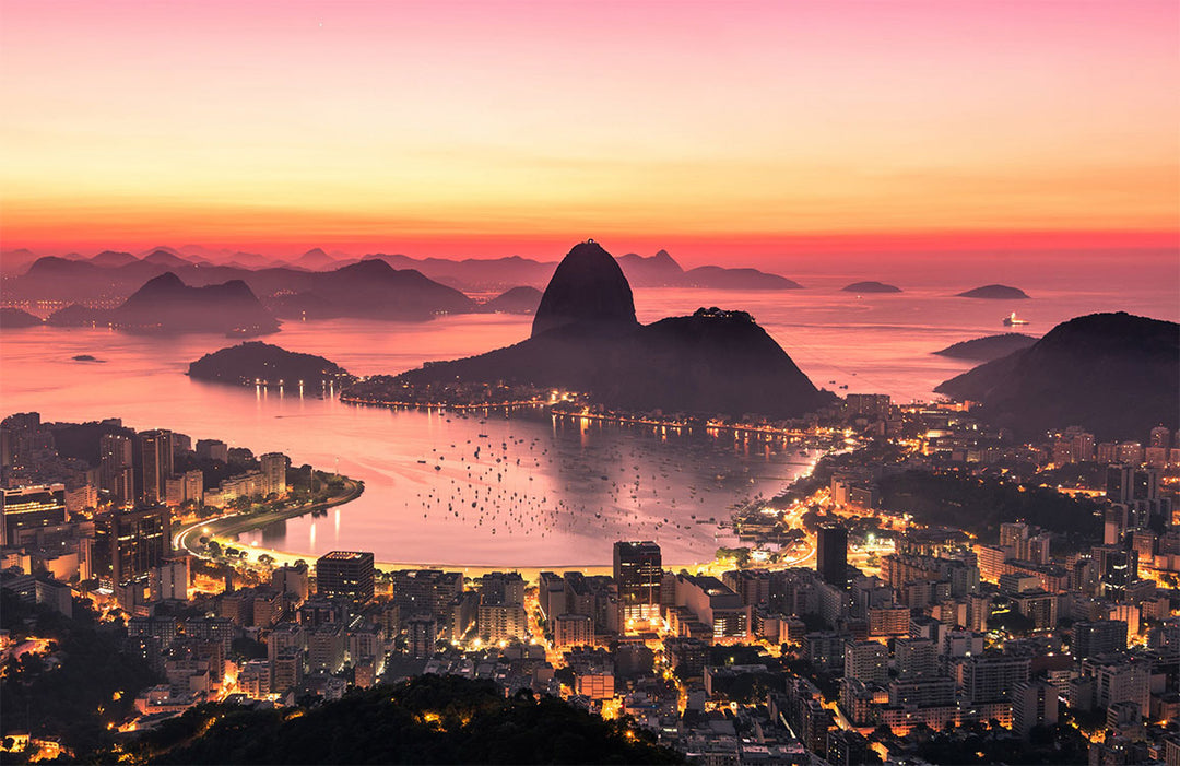 Rio de Janeiro Sunset Landscape Mural Wallpaper in Vibrant Pink Hues