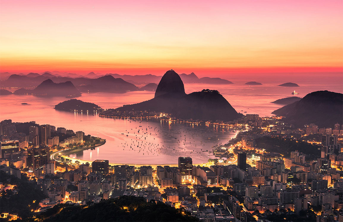 Rio de Janeiro Sunset Landscape Mural Wallpaper in Vibrant Pink Hues