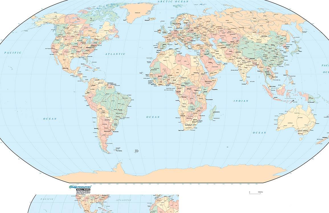 Vintage World Map Mural Wallpaper in Pastel Tones for Educational Decor