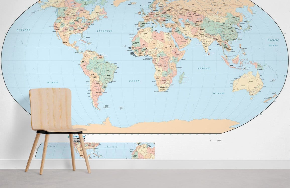 Vintage World Map Mural Wallpaper in Pastel Tones with wooden chair, grey flooring, minimalist decor.