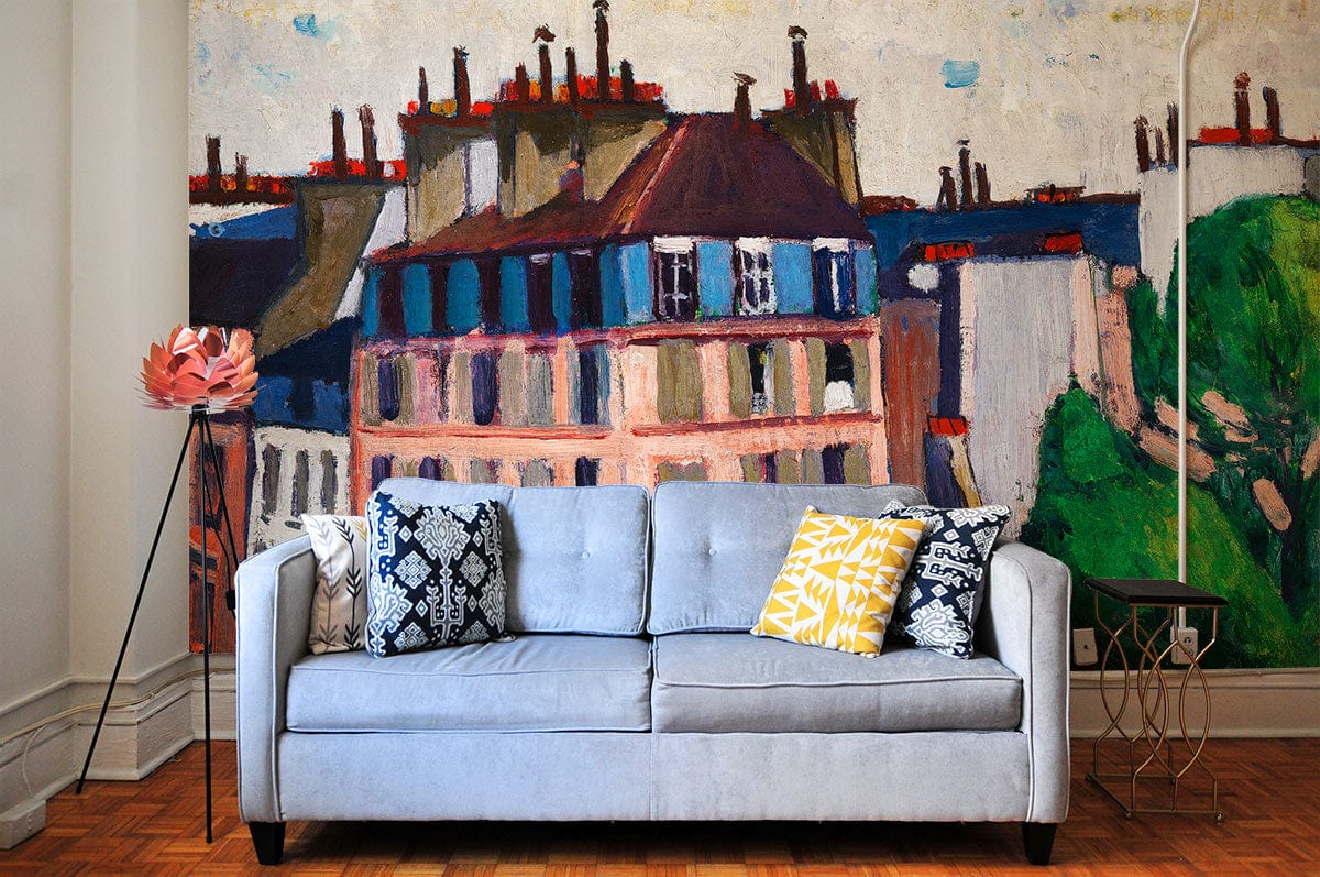 Parisian Rooftops Mural Wallpaper, vintage style, vibrant colours, grey sofa, wooden flooring, modern decor.