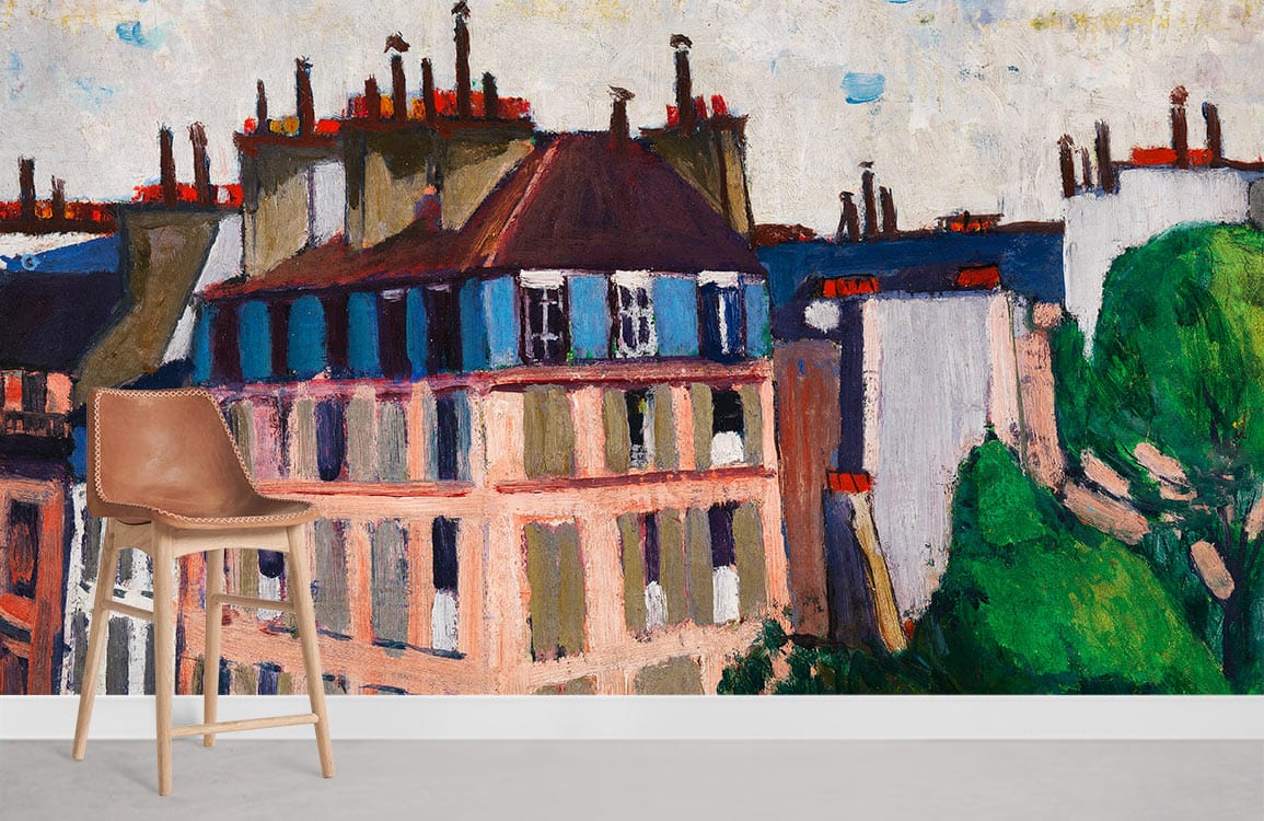 Charming Parisian Rooftops vintage wallpaper, vibrant colours, leather stool, concrete floor, artistic room design.