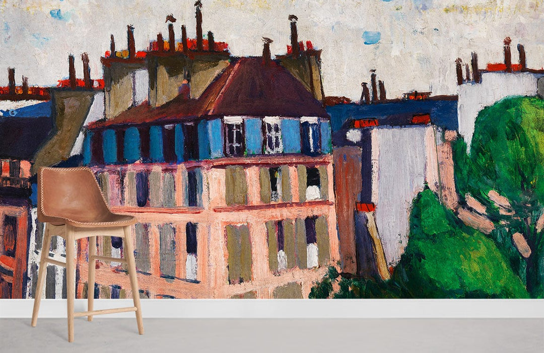 Charming Parisian Rooftops vintage wallpaper, vibrant colours, leather stool, concrete floor, artistic room design.