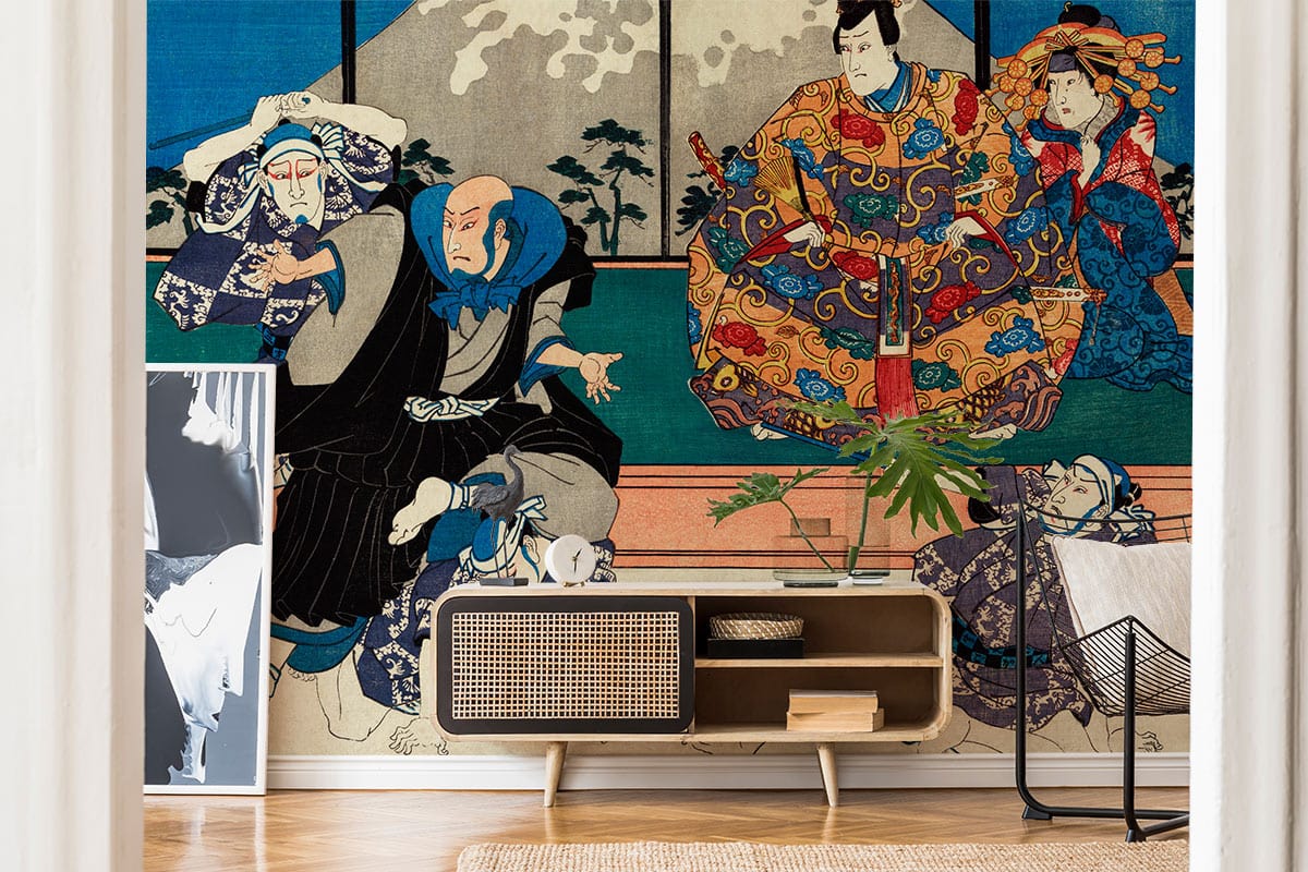 Traditional Japanese Ukiyo-e mural wallpaper on feature wall, colourful characters, modern sideboard, wood flooring.