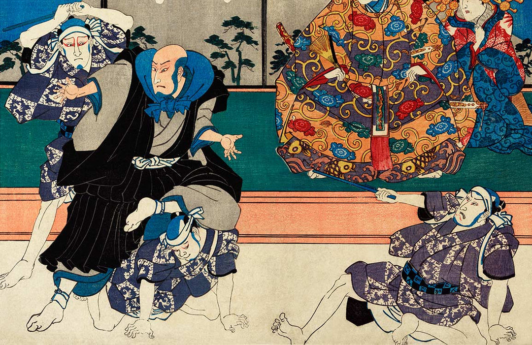 Traditional Japanese Ukiyo-e Art Mural Wallpaper with Vibrant Colours and Characters