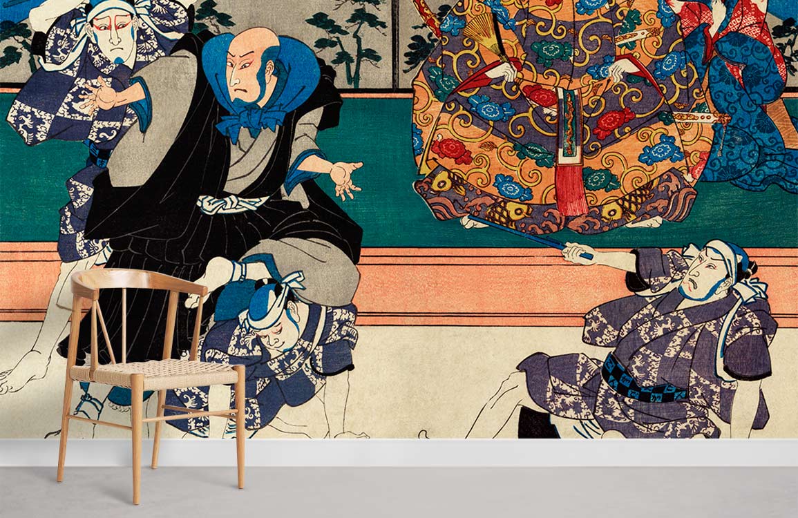 Traditional Japanese Ukiyo-e artwork on vibrant mural wallpaper; wooden chair; neutral floor accents.