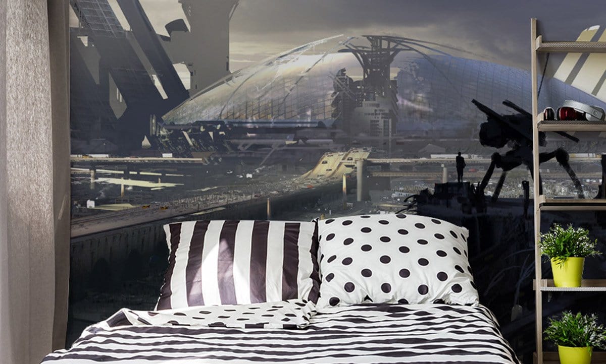 Futuristic urban mural in moody greys and blues, bedroom setting, striped bedding, wooden shelving unit.