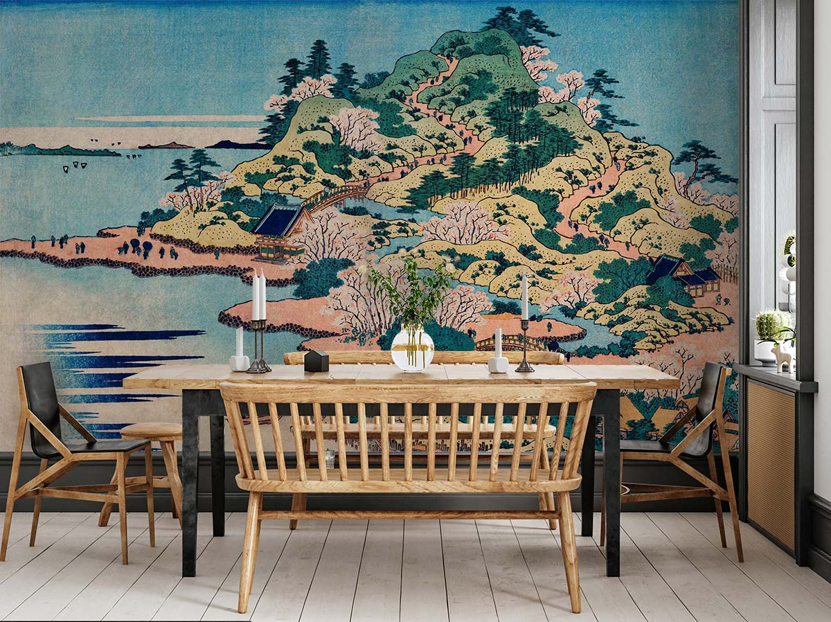 Tranquil Japanese Landscape Mural Wallpaper; dining room with wooden table, bench seating, white wooden flooring.
