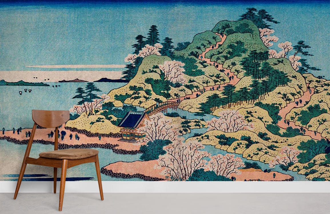 Tranquil Japanese Landscape Mural Wallpaper featuring serene hues, natural scenery, and minimalistic wooden chair.