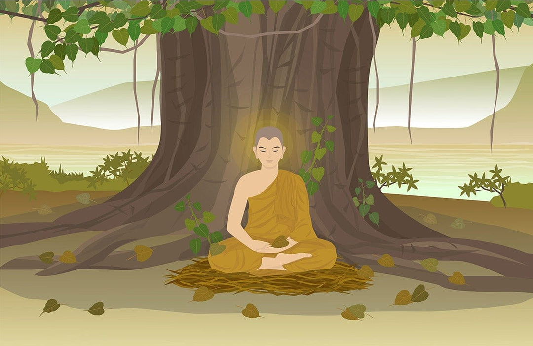 Peaceful Buddha Meditation Under Bodhi Tree Mural Wallpaper - Tranquil Tan and Green