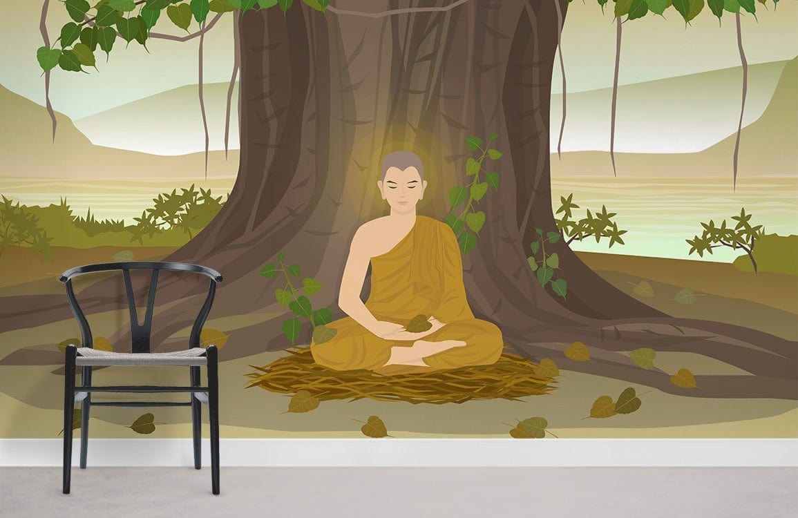 Peaceful Buddha mural wallpaper in tan and green, black chair, white skirting, grey flooring.