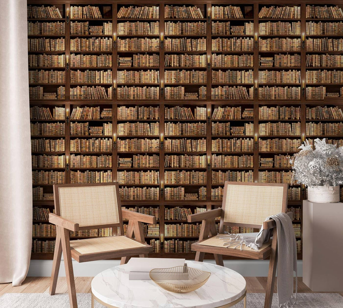 Vintage brown bookshelf wallpaper with classic decor; features beige chairs, marble table, light curtains.