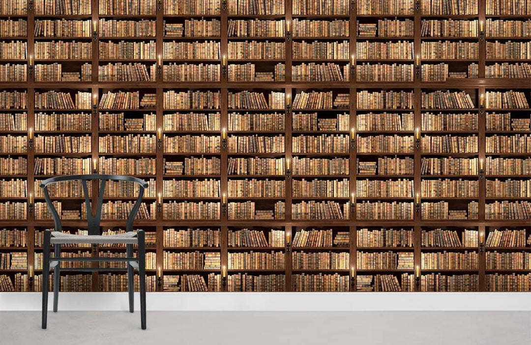 Vintage brown bookshelf wallpaper in classic library style with black chair on grey flooring.