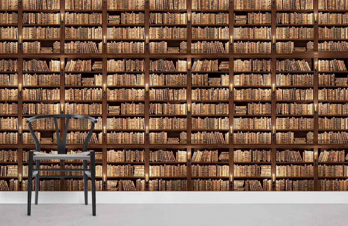 Vintage brown bookshelf wallpaper in classic library style with black chair on grey flooring.
