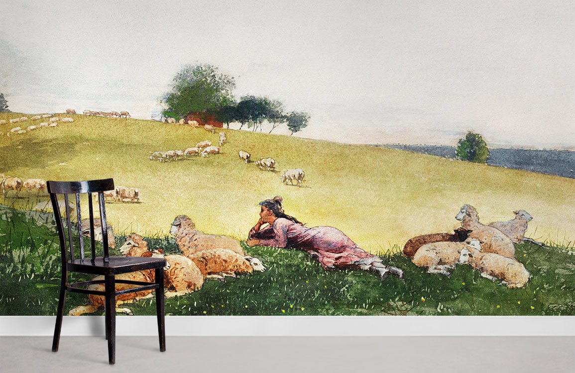 Alt text: Pastoral Countryside Landscape Mural Wallpaper with Sheep, black chair, and serene green meadows.
