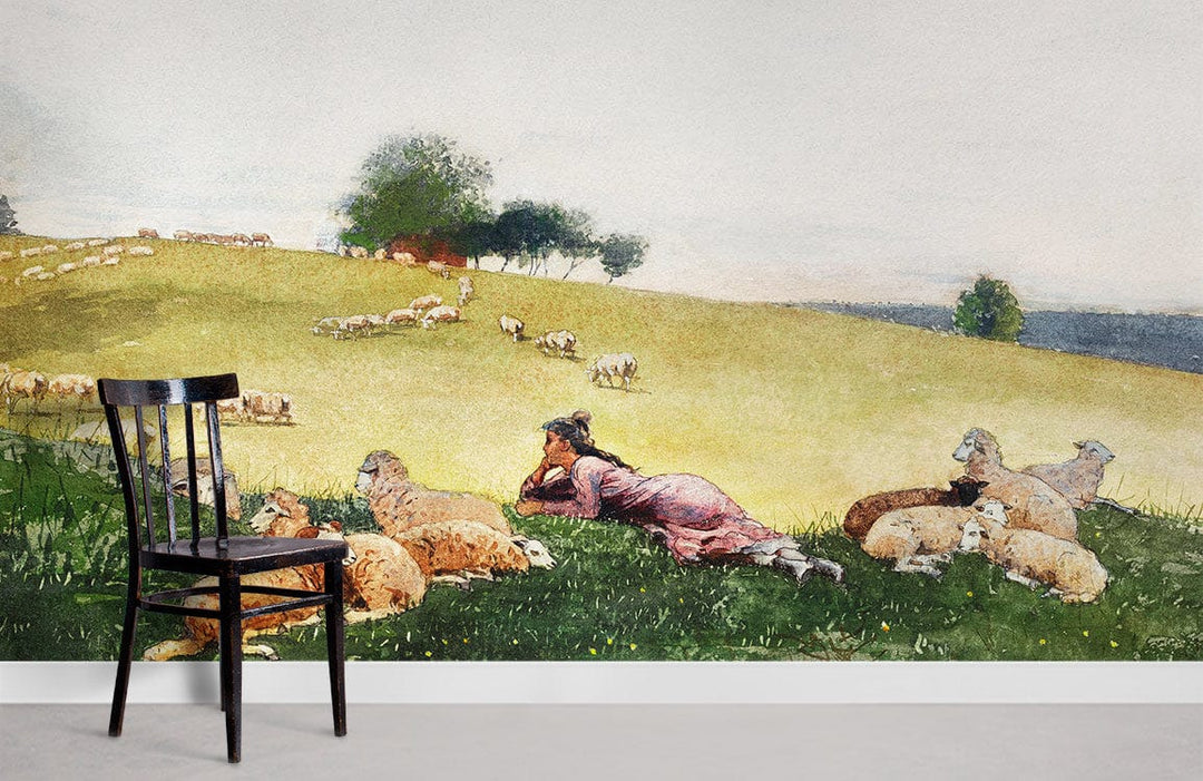 Alt text: Pastoral Countryside Landscape Mural Wallpaper with Sheep, black chair, and serene green meadows.
