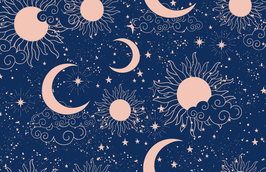 Midnight Blue Celestial Dreams Wallpaper with Sun and Moon Patterns