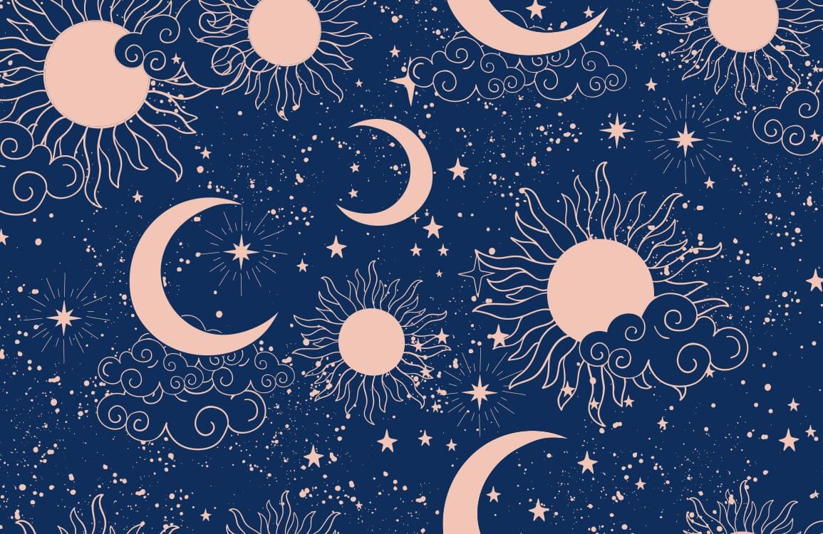 Midnight Blue Celestial Dreams Wallpaper with Sun and Moon Patterns