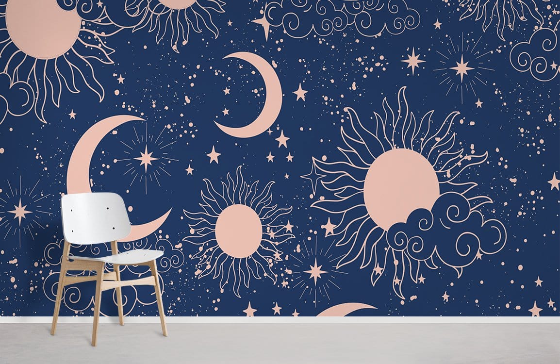 Midnight blue wallpaper with sun, moon patterns, white chair, light flooring in stylish living room.