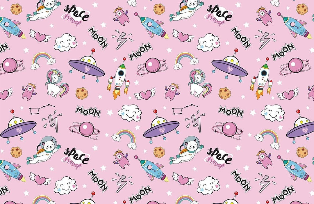 Pink Cosmic Adventure Children's Wallpaper with Unicorns, Rockets, Planets, and Rainbows