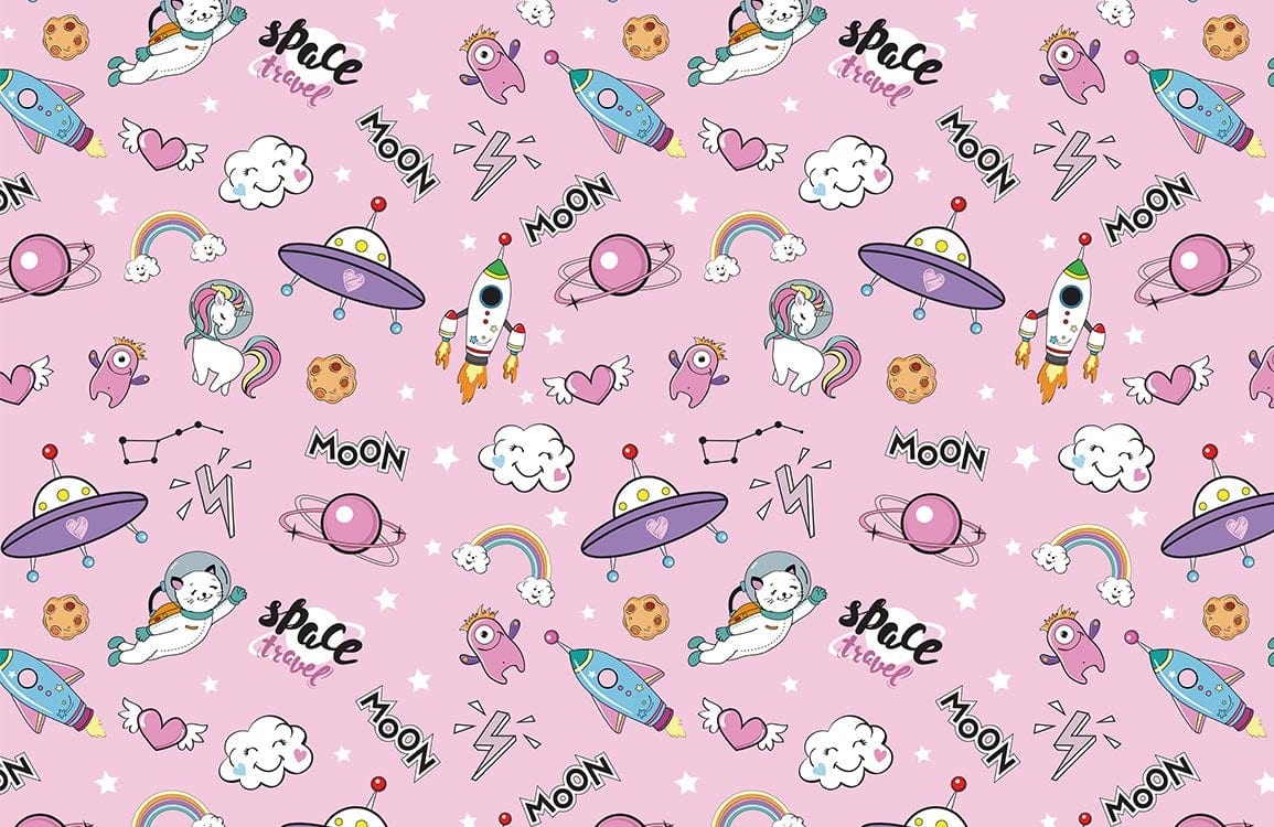 Pink Cosmic Adventure Children's Wallpaper with Unicorns, Rockets, Planets, and Rainbows