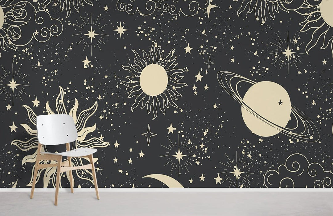 Celestial Night Sky wallpaper mural with black and beige cosmic pattern, featuring white chair, light floor.