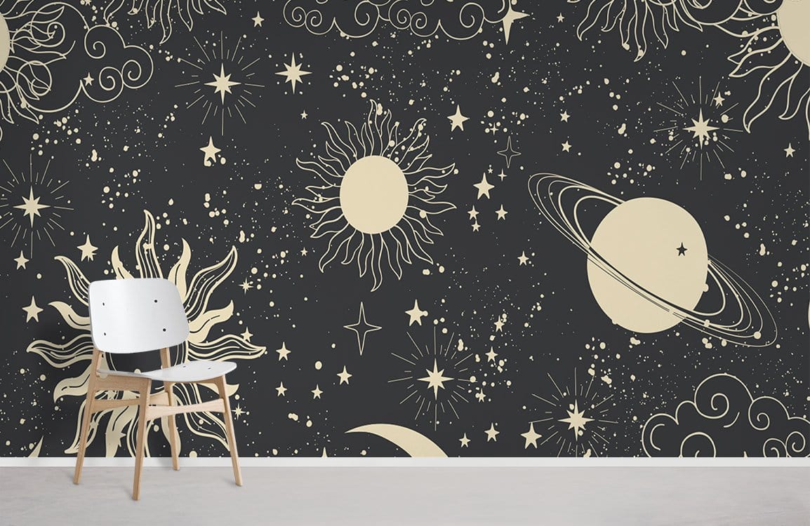 Celestial Night Sky wallpaper mural with black and beige cosmic pattern, featuring white chair, light floor.