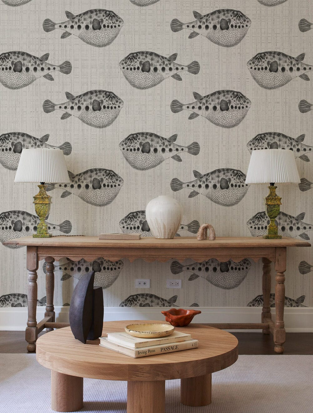 Tropical Grey Puffer Fish Wallpaper; chic coastal Décor with wooden furniture in a stylish living room.