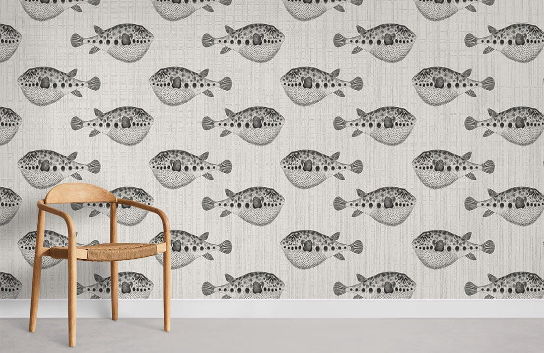 Tropical Grey Puffer Fish Wallpaper, coastal chic design, wooden chair, minimalist decor, grey flooring.