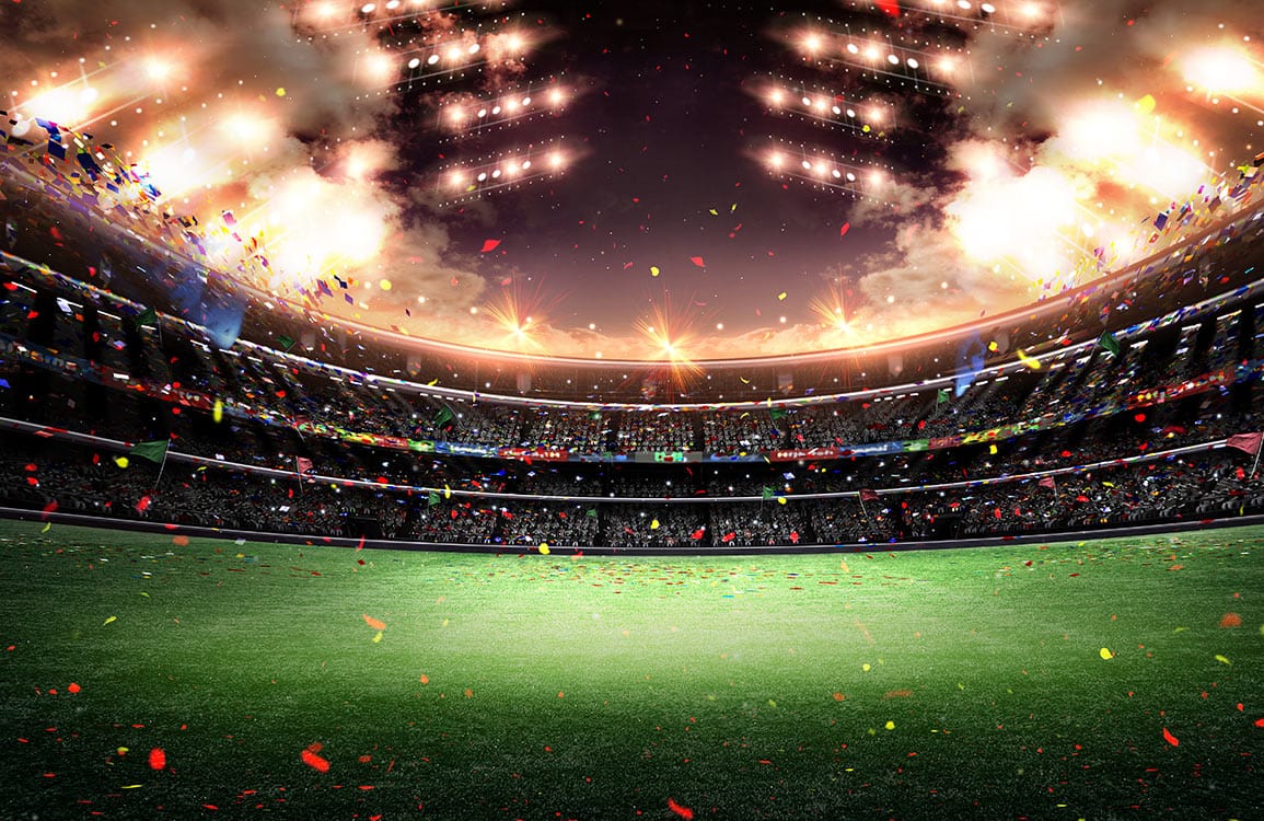 Vibrant Night Stadium Mural Wallpaper with Glowing Lights and Green Field
