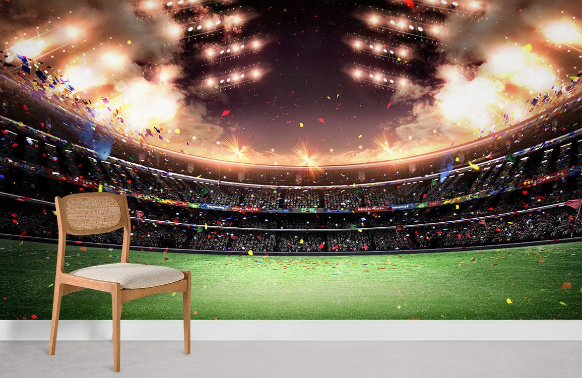 Stadium mural wallpaper with glowing lights, green field, wooden chair, modern room, vibrant decor.